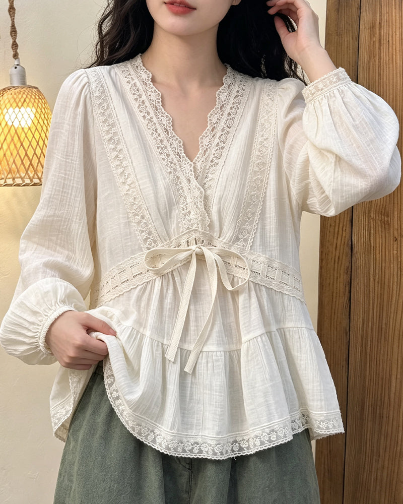 Bluse V-Hals Boble Ærme Blonder Patchwork Udstillet