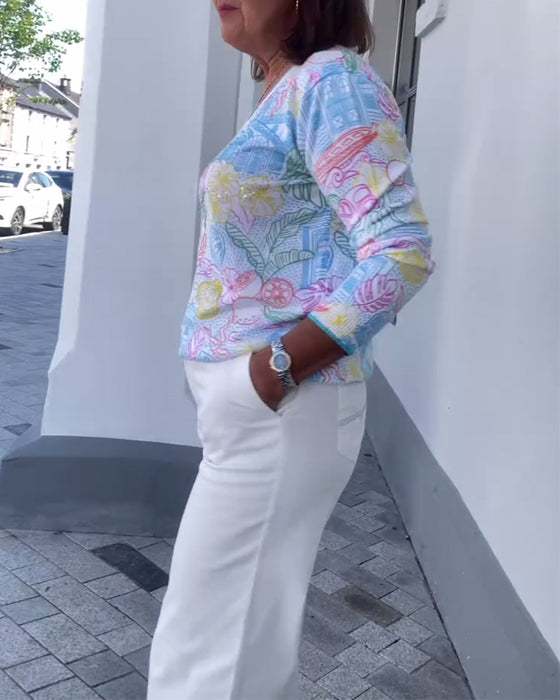 Sweater V-Udskæring Printet Mode