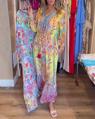 Langærmet resortkjole med print