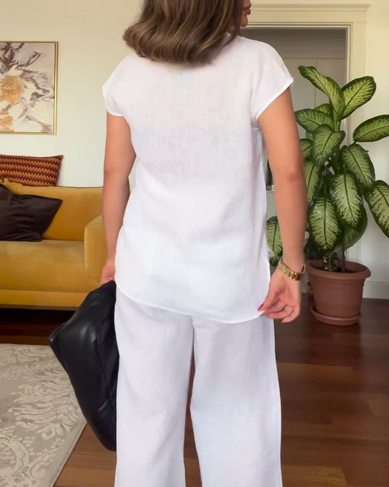 Jakkesæt Bomuld Og Hør Ensfarvet Afslappede Bukser