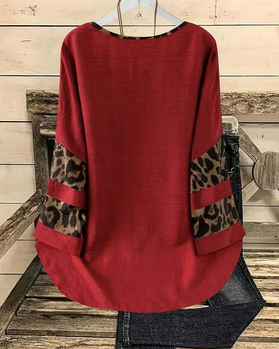 Top Rundhalset Leopard Farveblok