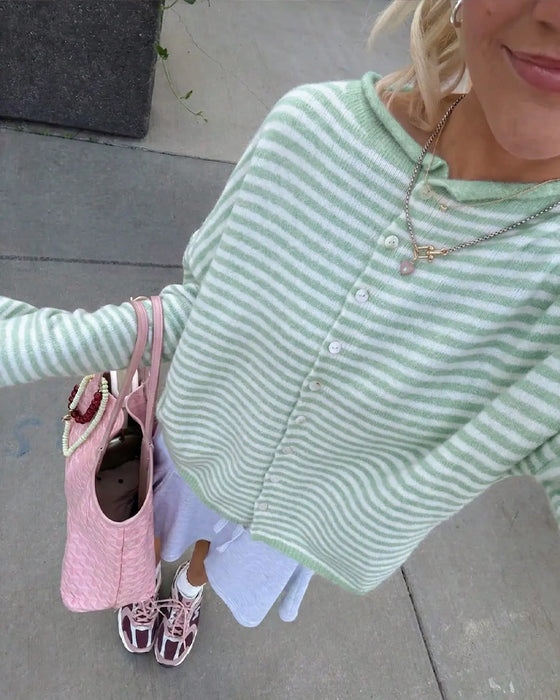 Pullover Rundhalset Knap Foran Stribet