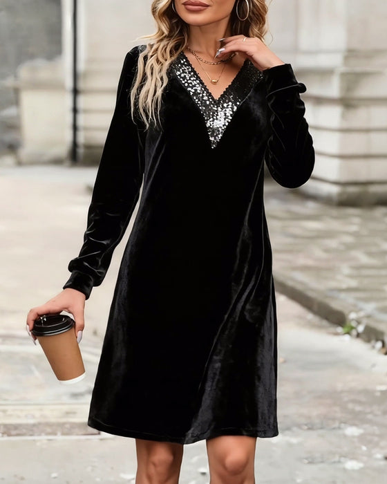 Kjole elegant v-hals med pailletter