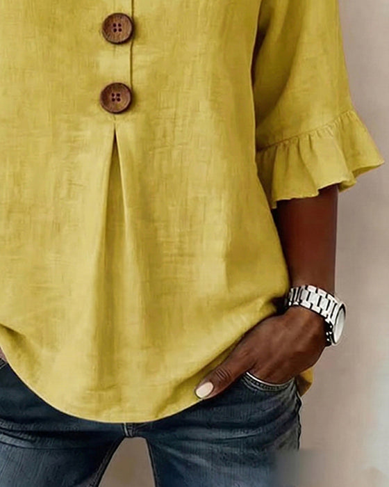 Bluser Ensfarvet Bomuld-Hør Træknapper Rynker