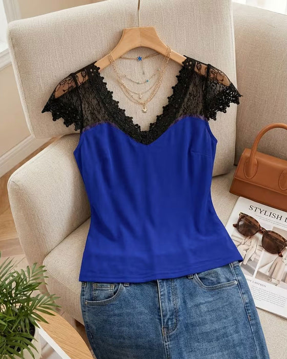 T-Shirt V-Hals Blonde Patchwork Slim Fit