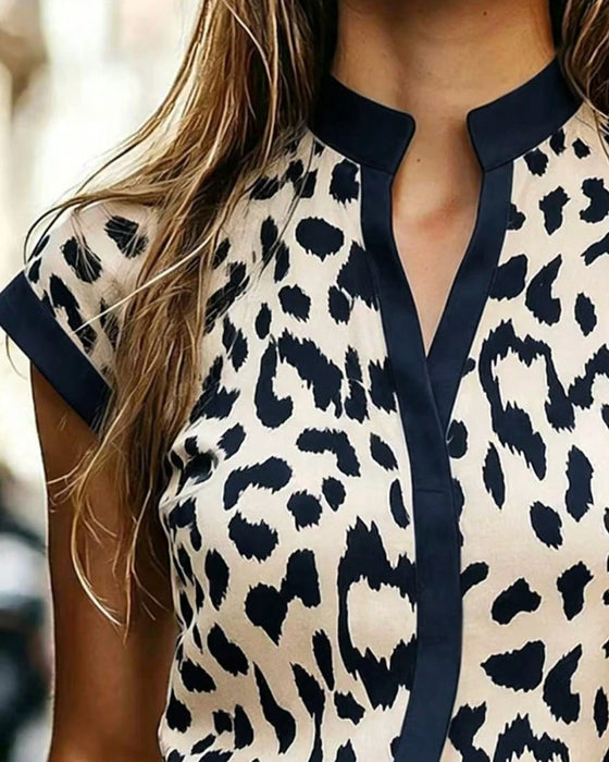 Bluse Ståkrave Leopard Kort Ærme
