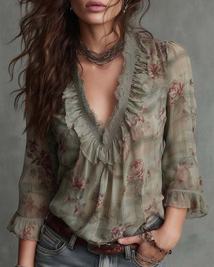 Bluse Blomstret V-Hals Rysjet