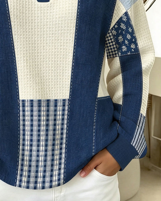 Sweatshirt Rund Hals Knap Blomstret Plaid