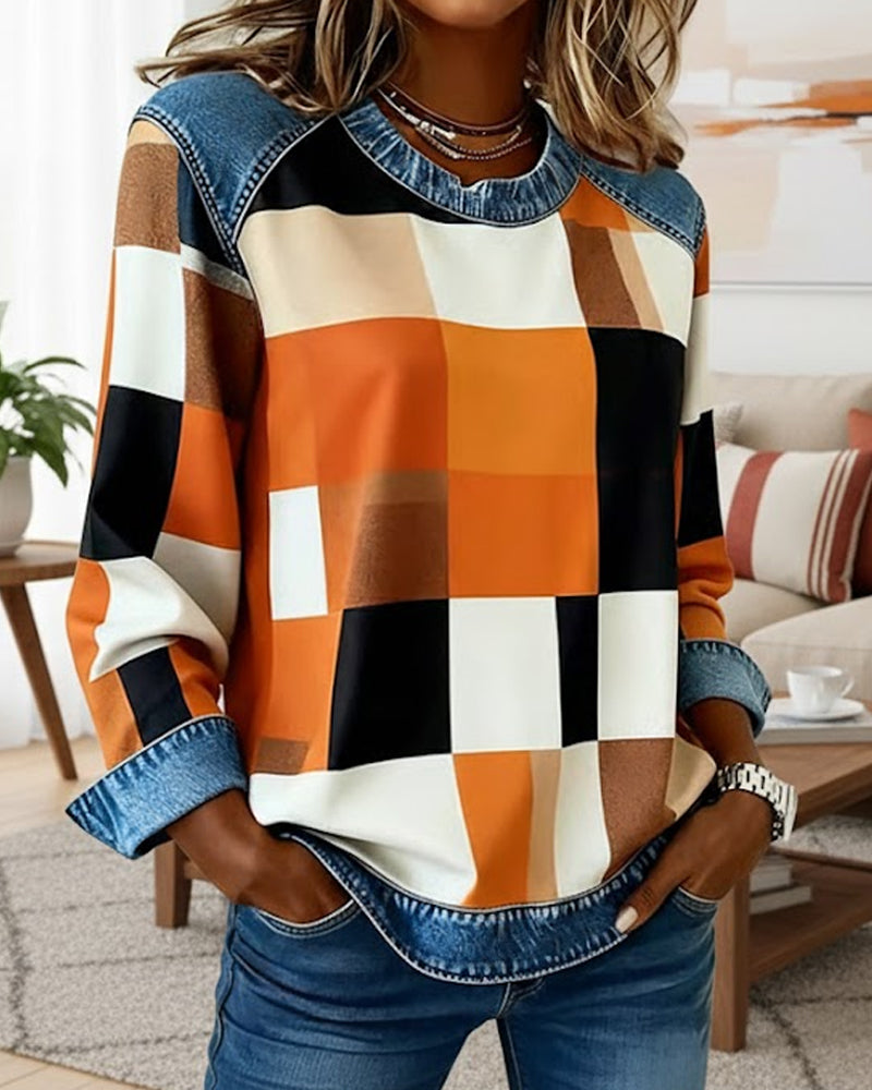 Sweatshirt Med Ternet Patchwork Og Kontrastfarve