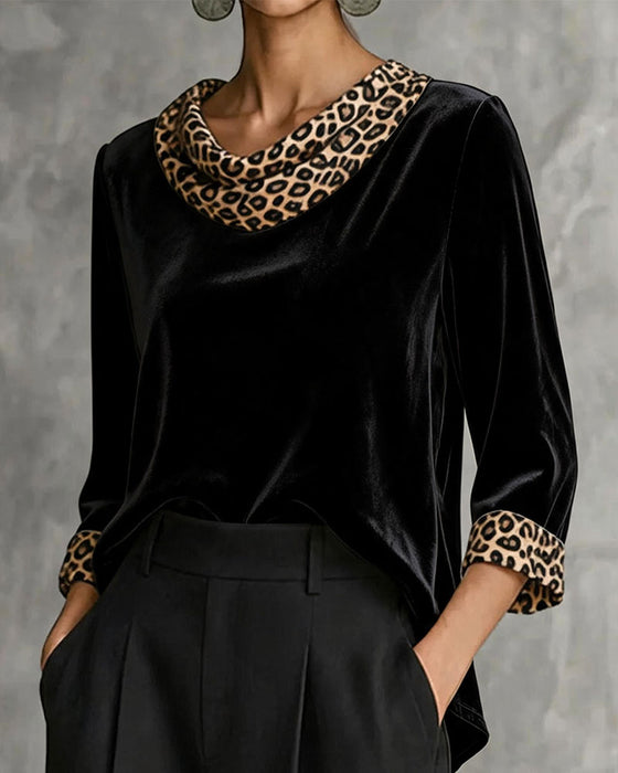 Top Leopardkant Mockhals Fløjl