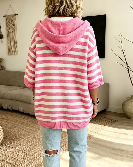 Sweater Stribe Hætte Løs Tre Kvart Ærme