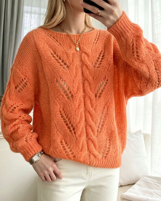 Pullover Rund Hals Drop Skulder Udskæring Solid Strikket