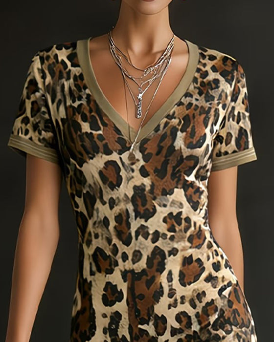 Kjole Leopard Tryk Patchwork V-Hals Tætsiddende