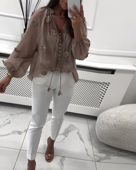 Bluse Ensfarvet 3D-Blomster Snøre