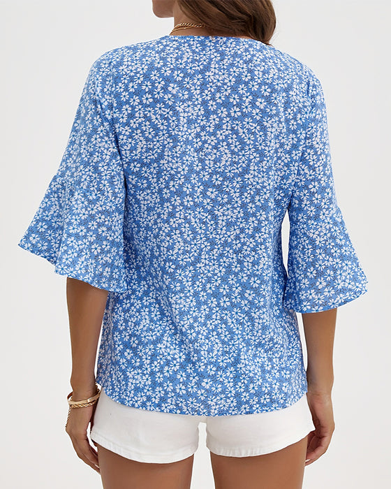 Bluse V-Hals Floral Sommerfugl Ærme
