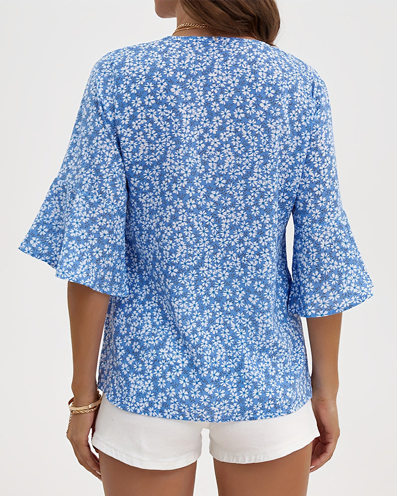 Bluse V-Hals Floral Sommerfugl Ærme