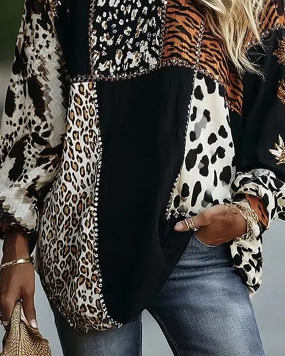 Bluse Rund Hals Leopard Tiger Tryk Kontrast