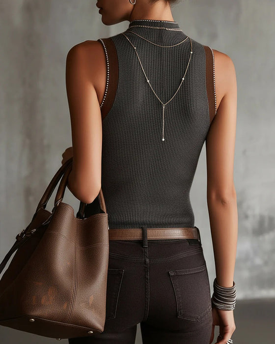 Tanktop Halv Turtleneck Ærmeløs Strikket