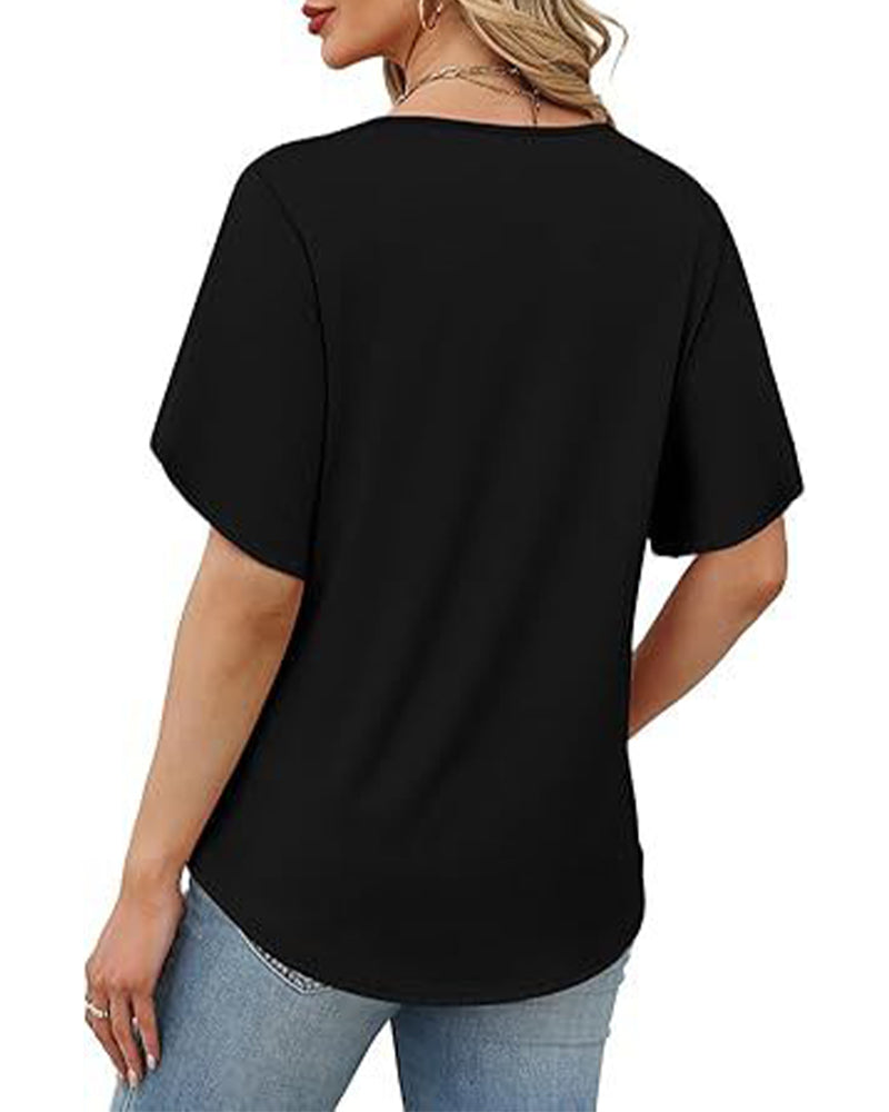 T-Shirt V-Udskæring Lille Slids Korte Ærmer Ensfarvet