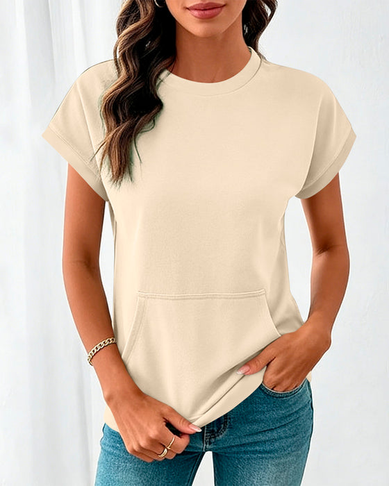 Bluse Forlomme Ensfarvet Rund Hals