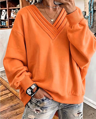 Sweatshirt Dobbelt Lag V-Hals Drop Skulder Løs