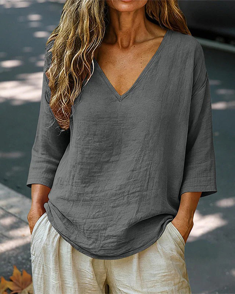 Bluse Drop-Shoulder V-Udskæring 3/4-Ærme