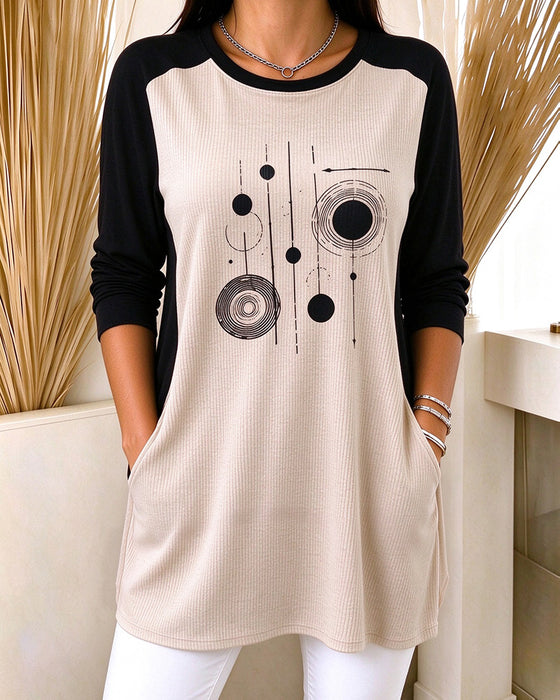 Top Farveblok Tryk Casual