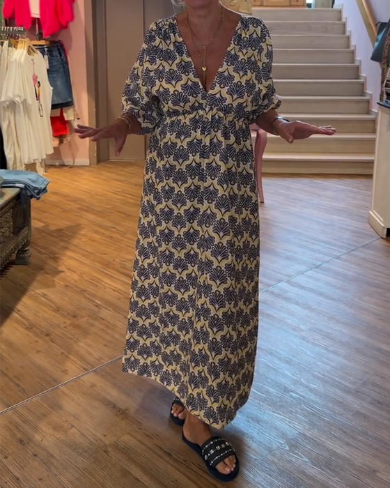 Kjole Vintage Dyb V-Hals Blomstret