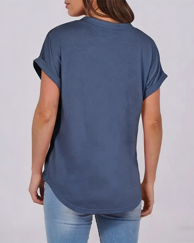 T-Shirt Ensfarvet V-Udskæring Kortærmet