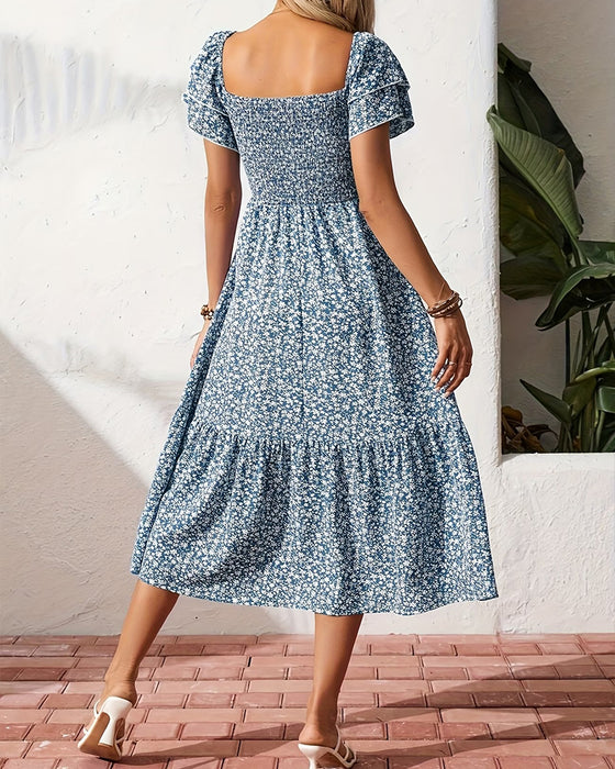 Kjole Ruffle Firkantet Hals Blomstret