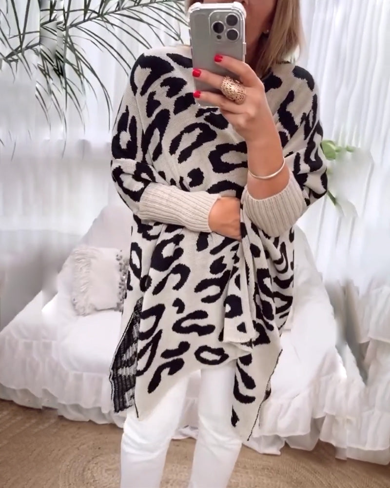 Afslappet langærmet cardigan med leopardprint