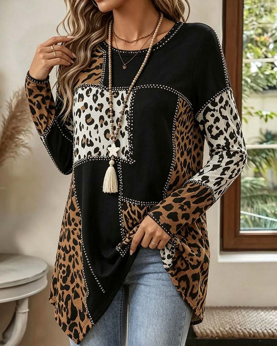 Bluse Leopard Tryk Patchwork Uregelmæssig