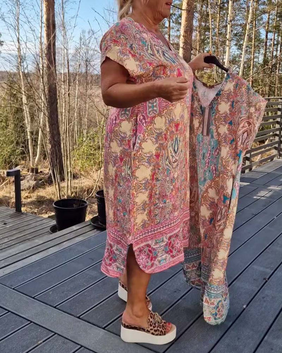 Kjole V-Hals Korte Ærmer Mønstret Løs