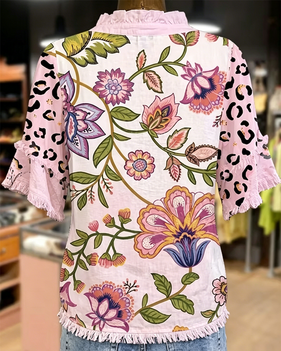 Bluse V-Hals Kontrast Tryk
