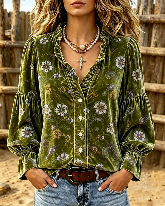Bluse V-Hals Knap Volang Blomstret