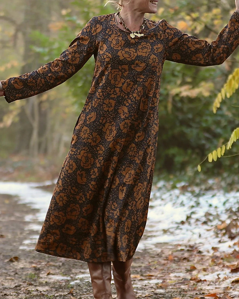 Kjole Blomsterprint Rund Hals Løs Passform