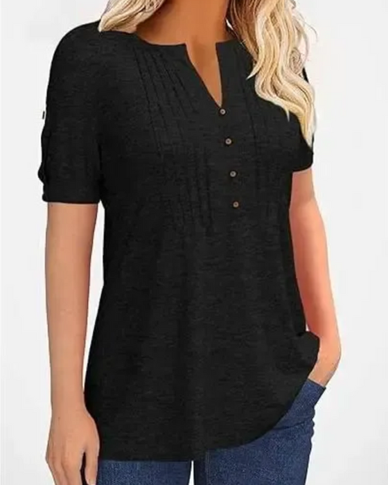 T-Shirt Plisseret Henley Kort Ærme