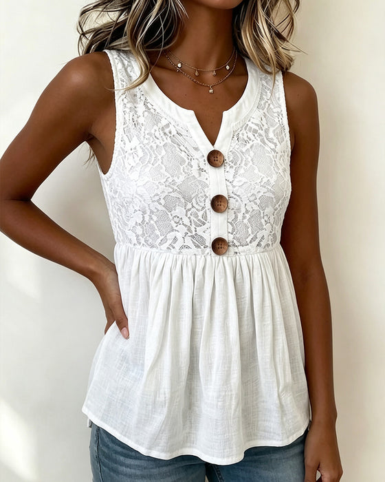 Top V‑Hals Knapper Blonde‑Panel Ensfarvet