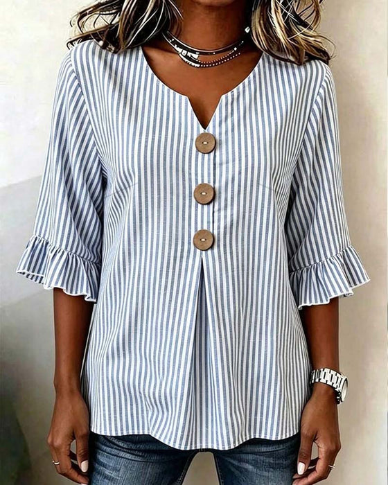 Bluse Mini V-Hals Ruffle Stribe Knap