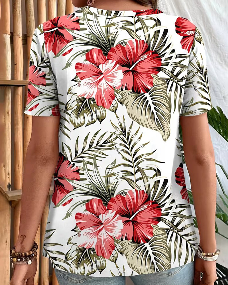 T-Shirt V-Hals Bladtryk Kortærme