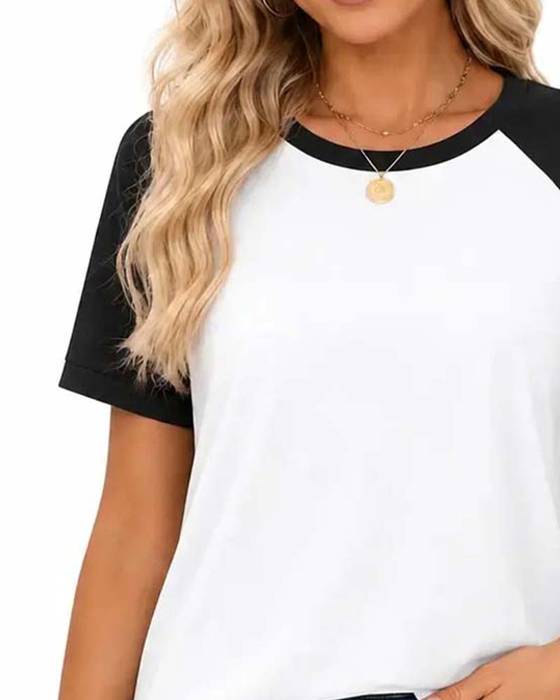 T-Shirt Rundhalset Farveblok Raglan Ærme