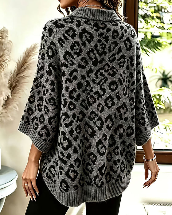 Pullover Med Krave V-Hals Leopardmønster Halværme Sweater
