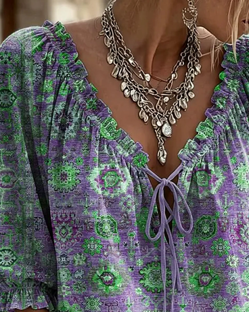 Bluse V-Hals Bindebånd Vintage Tryk