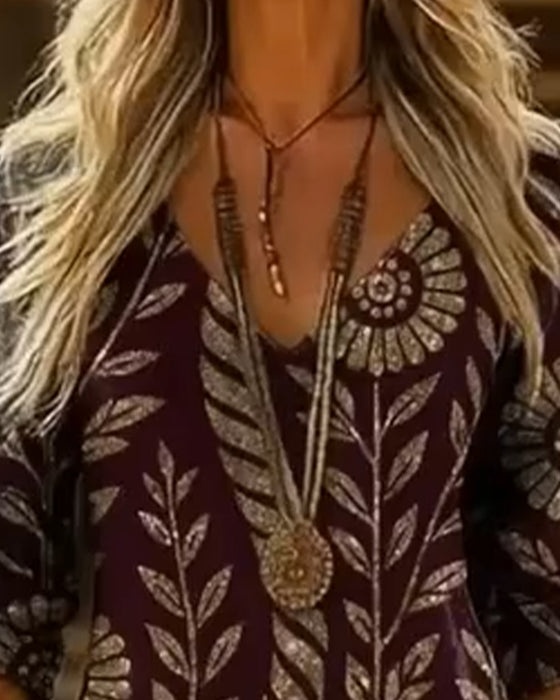 Kjole V-hals Bladtryk