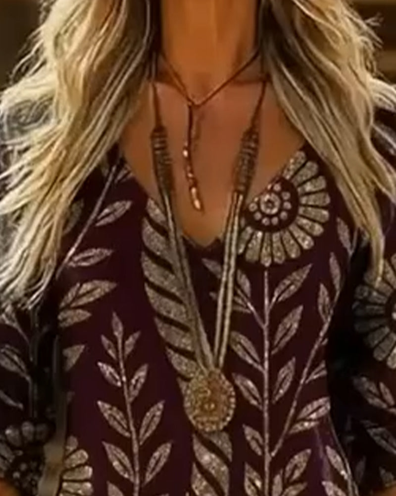 Kjole V-hals Bladtryk