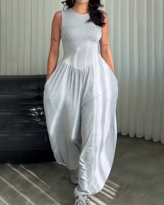 Jumpsuit Rund Hals Ærmeløs Slim Fit Bredt Ben