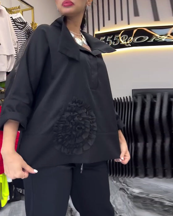 Blomsterbluse med lapel og blondepanel