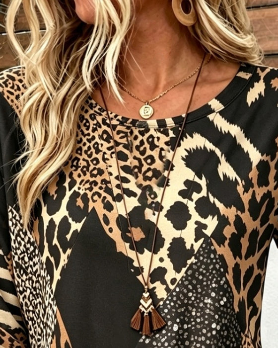 Bluse Rundhalset Knap Leopard Rynket