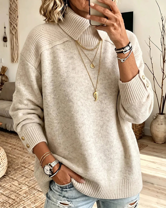 Sweater Høj Krave Knappet Løs
