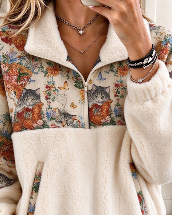Sweatshirt Katteprint Sammensat Fleece Halv Lynlås